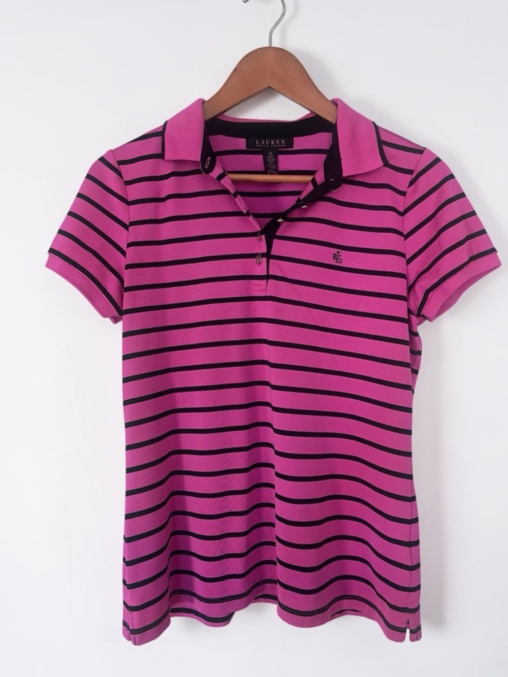 Lauren Ralph Lauren Pink & Black Short Sleeve Striped Polo Top
